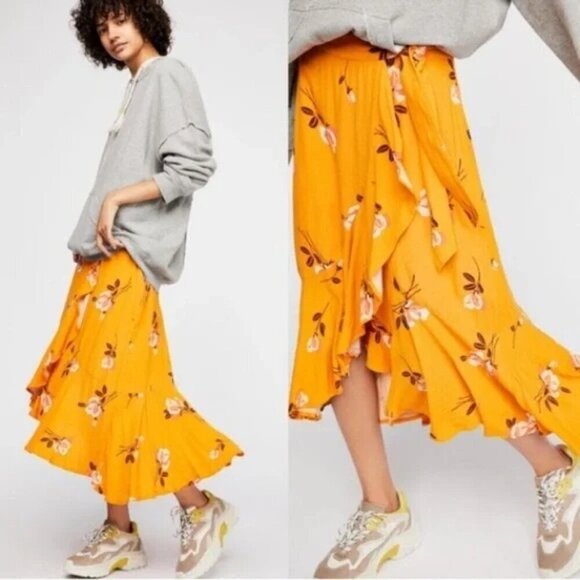 Free People Dresses & Skirts - Free People Heart of the City Floral Wrap Midi Skirt Yellow Boho Flowy 6